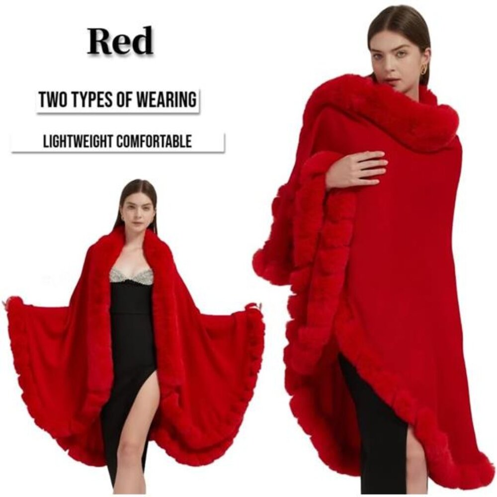 Cruelty Free FAUX FUR Lady in Red TRUE CRIMSON Cardigan Shawl Winter Cape - Picture 3 of 7